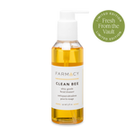 A bottle of 150mL Farmacy Clean Bee facial cleanser with a white pump dispenser and a white label, filled with golden-yellow liquid. A green circular badge on the top right reads 'LIMITED EDITION Fresh From the Vault'.