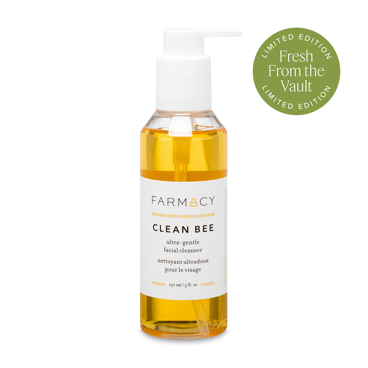 A bottle of 150mL Farmacy Clean Bee facial cleanser with a white pump dispenser and a white label, filled with golden-yellow liquid. A green circular badge on the top right reads 'LIMITED EDITION Fresh From the Vault'.