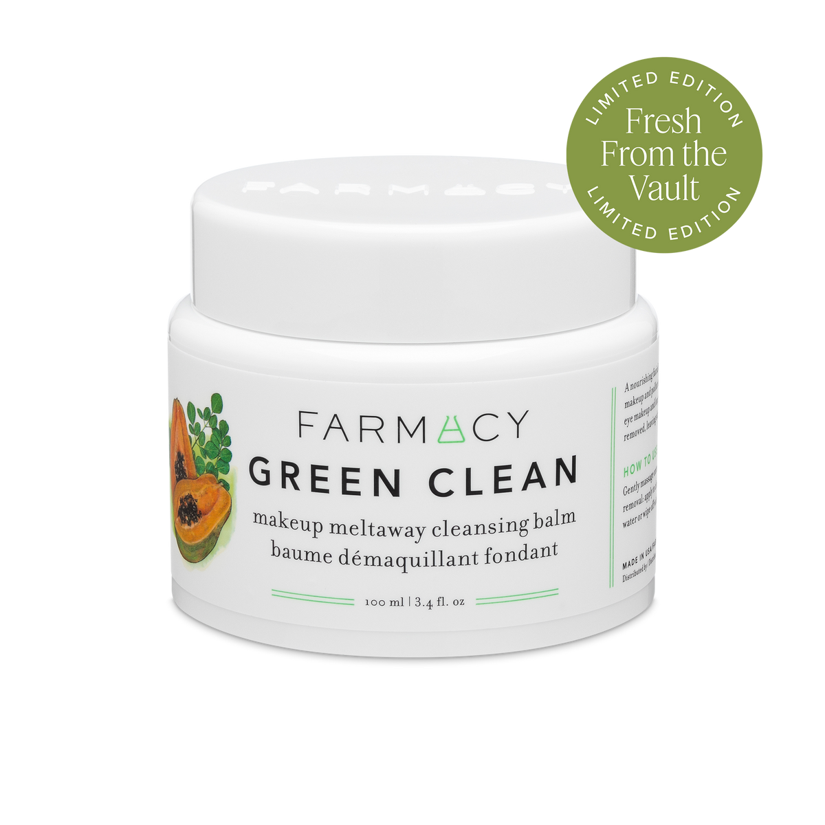 100mL jar of Farmacy Original Green Clean Cleansing Balm with a green Limited Edition badge on a white background