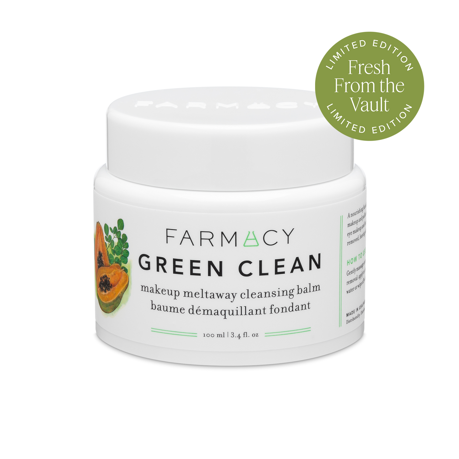 100mL jar of Farmacy Original Green Clean Cleansing Balm with a green Limited Edition badge on a white background