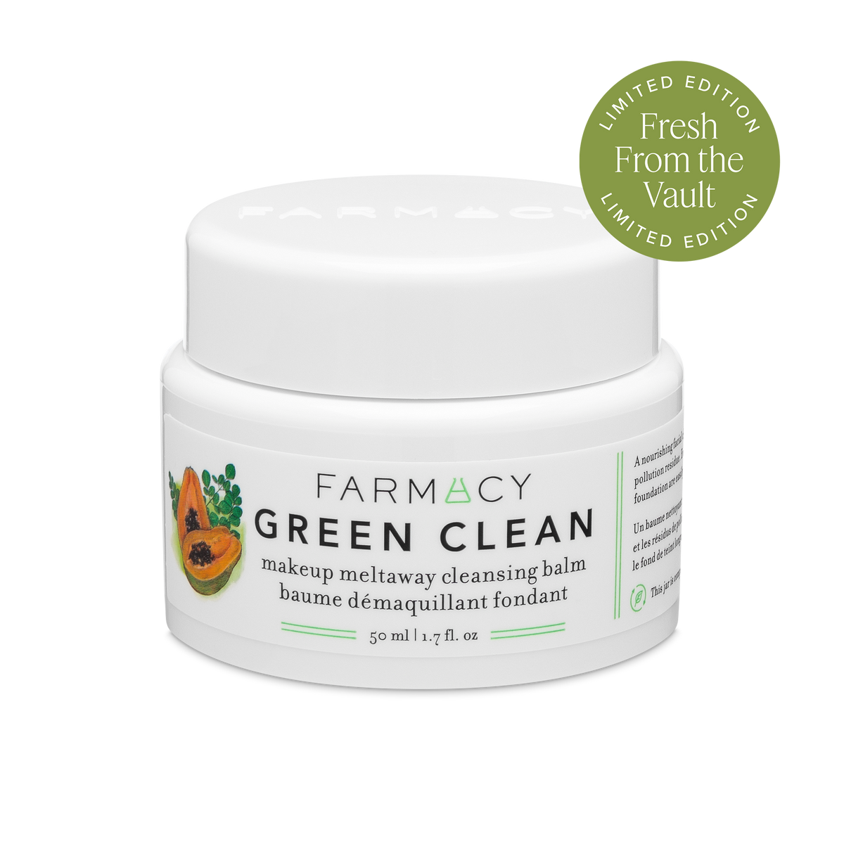 50mL jar of Farmacy Original Green Clean Cleansing Balm with a green Limited Edition badge on a white background