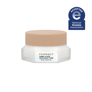 Farmacy Honey Cloud moisturizer jar with beige cap on a white background, featuring National Eczema Association acceptance badge.
