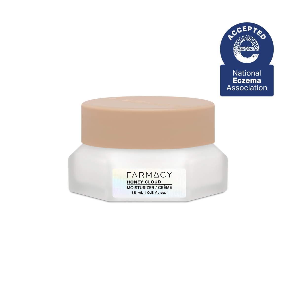 15mL jar of Farmacy Honey Cloud moisturizer on a white background, featuring National Eczema Association acceptance badge