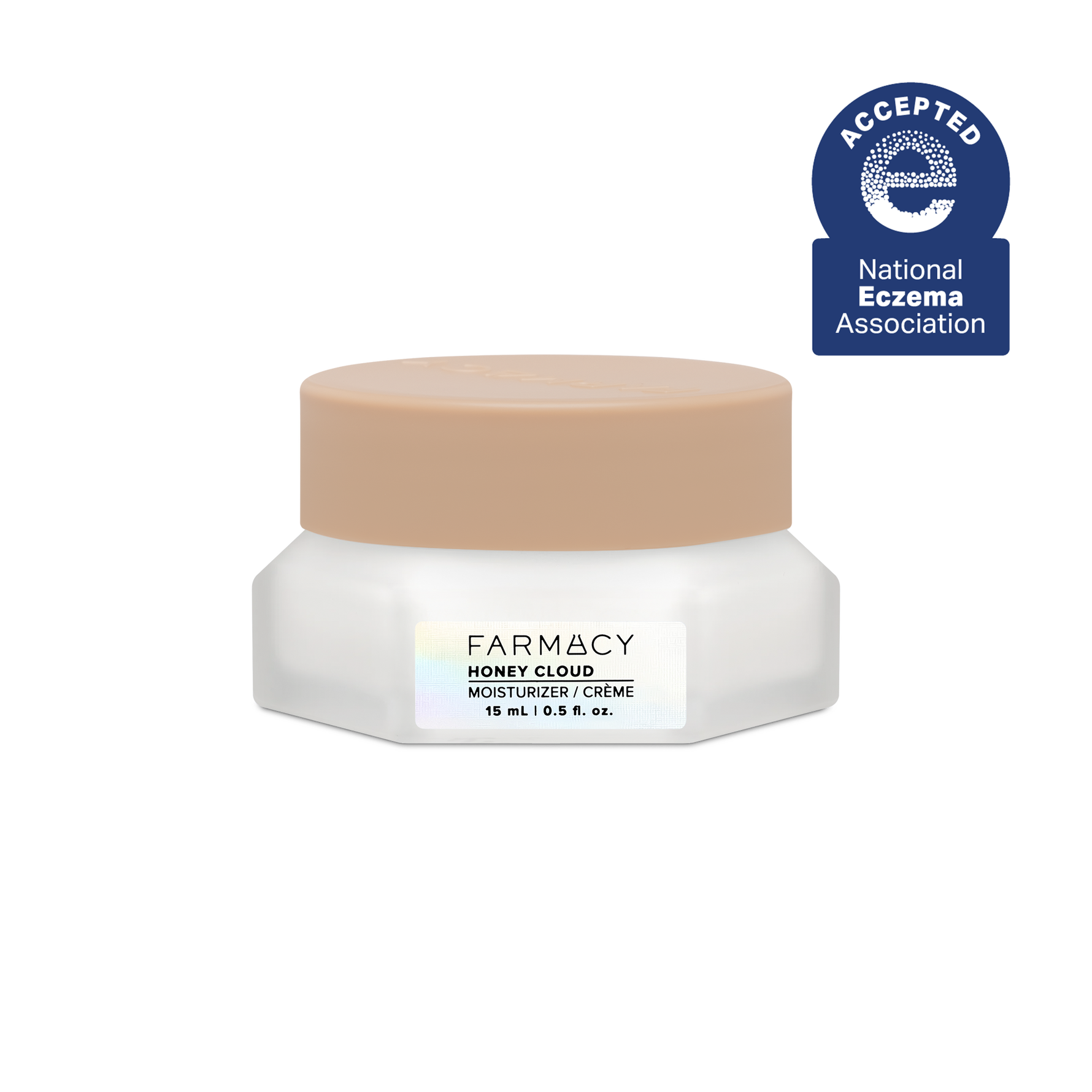 15mL jar of Farmacy Honey Cloud moisturizer on a white background, featuring National Eczema Association acceptance badge