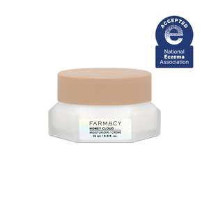 15mL jar of Farmacy Honey Cloud moisturizer on a white background, featuring National Eczema Association acceptance badge