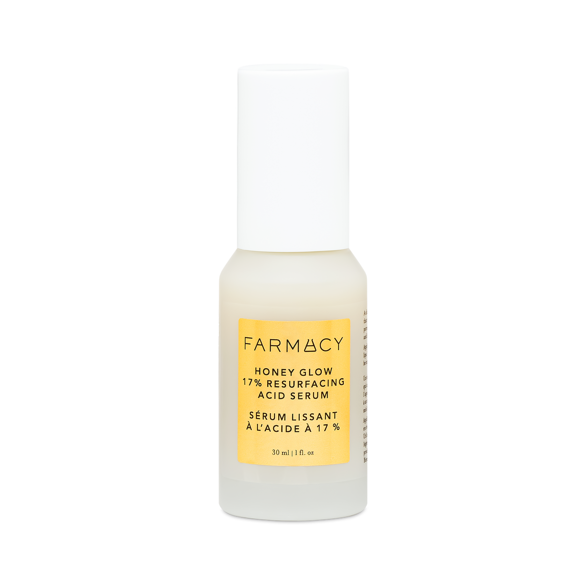30ml bottle of Farmacy Honey Glow 17% Resurfacing Acid Serum on white background