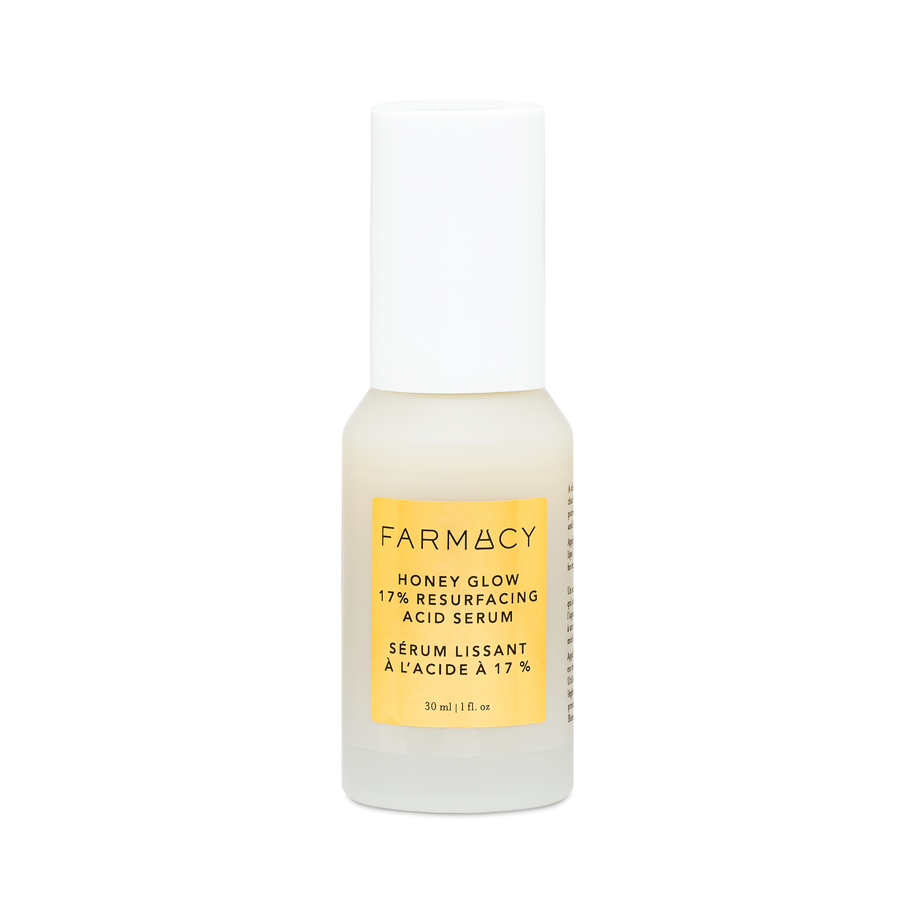 30ml bottle of Farmacy Honey Glow 17% Resurfacing Acid Serum on white background