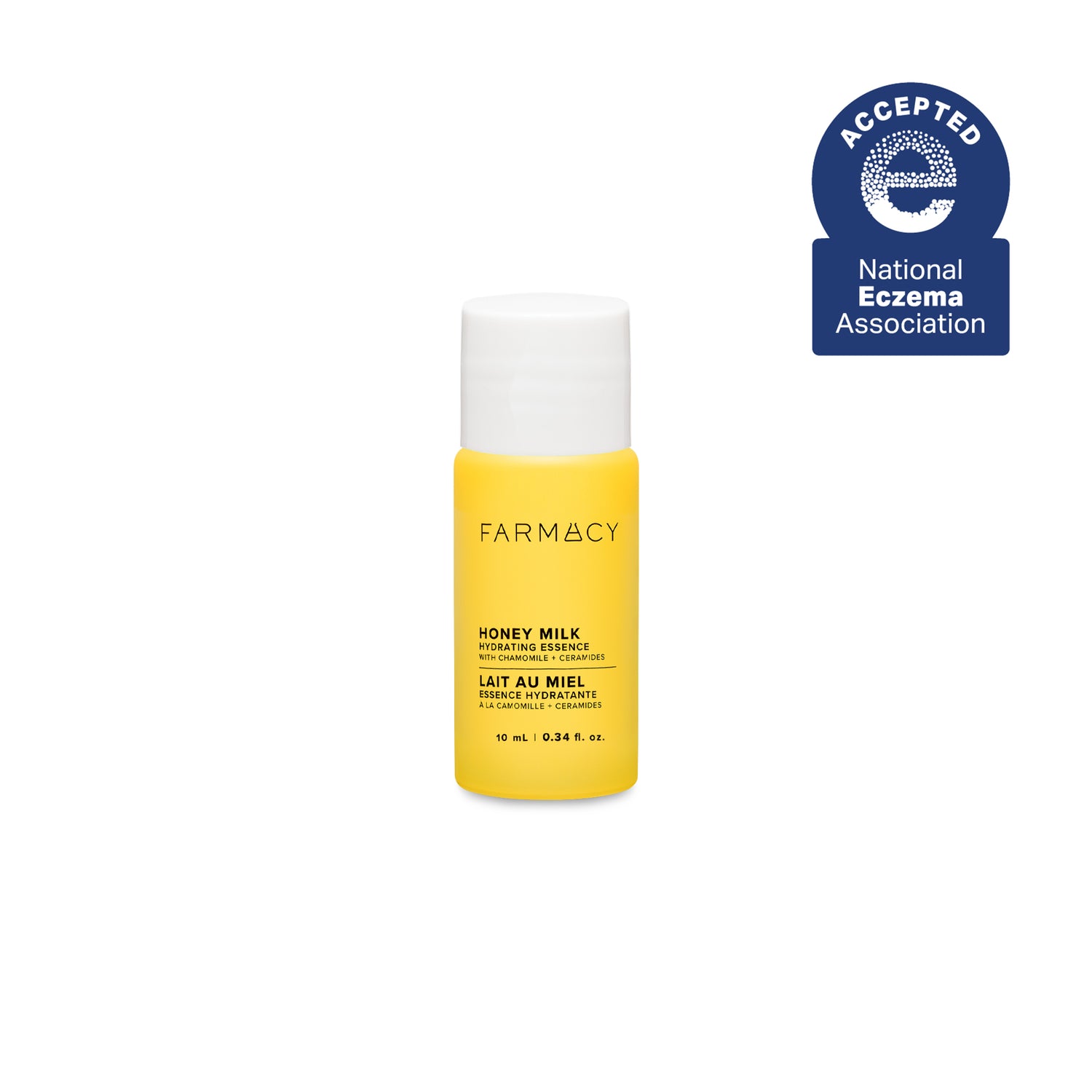 Yellow bottle of Farmacy Honey Milk product on a white background with National Eczema Association acceptance badge.