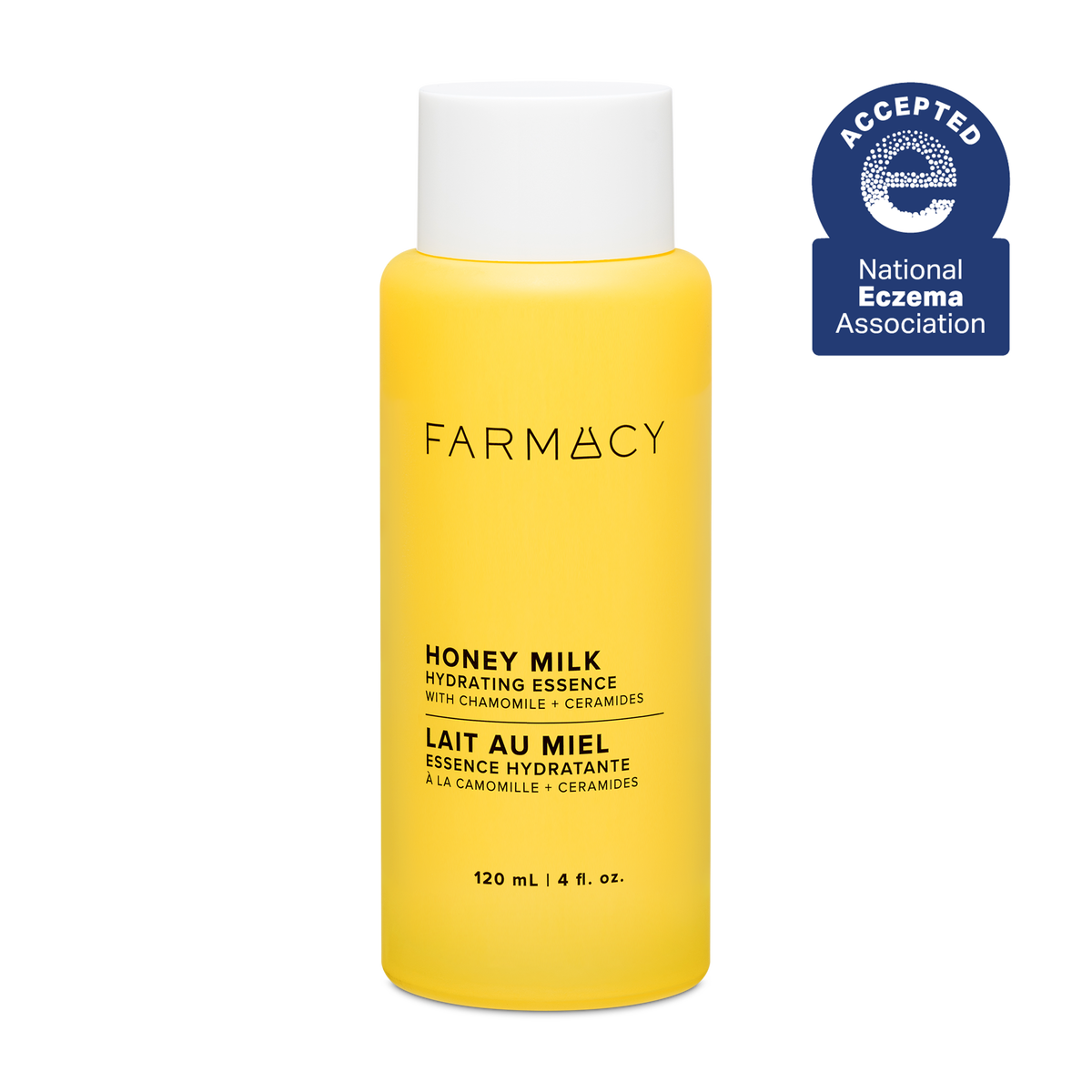 Yellow bottle of Farmacy Honey Milk Hydrating Essence on a white background with National Eczema Association acceptance badge