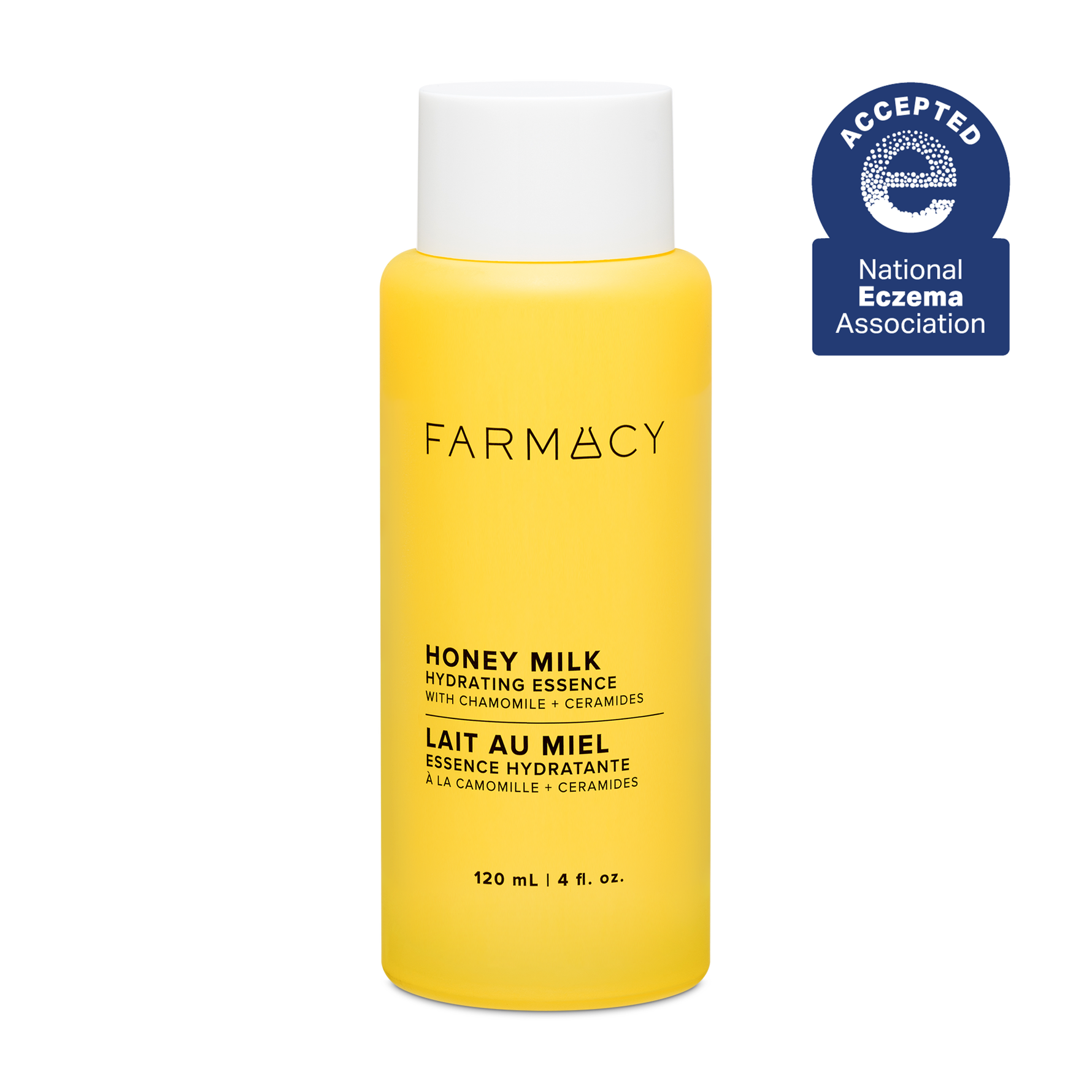 Yellow bottle of Farmacy Honey Milk Hydrating Essence on a white background with National Eczema Association acceptance badge