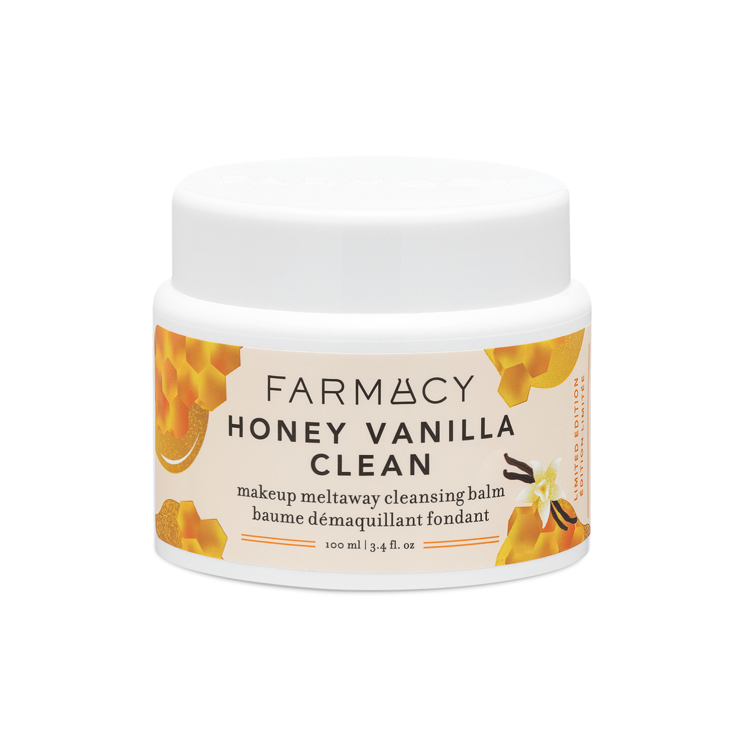 100mL jar of Farmacy Honey Vanilla Green Clean Cleansing Balm on a white background