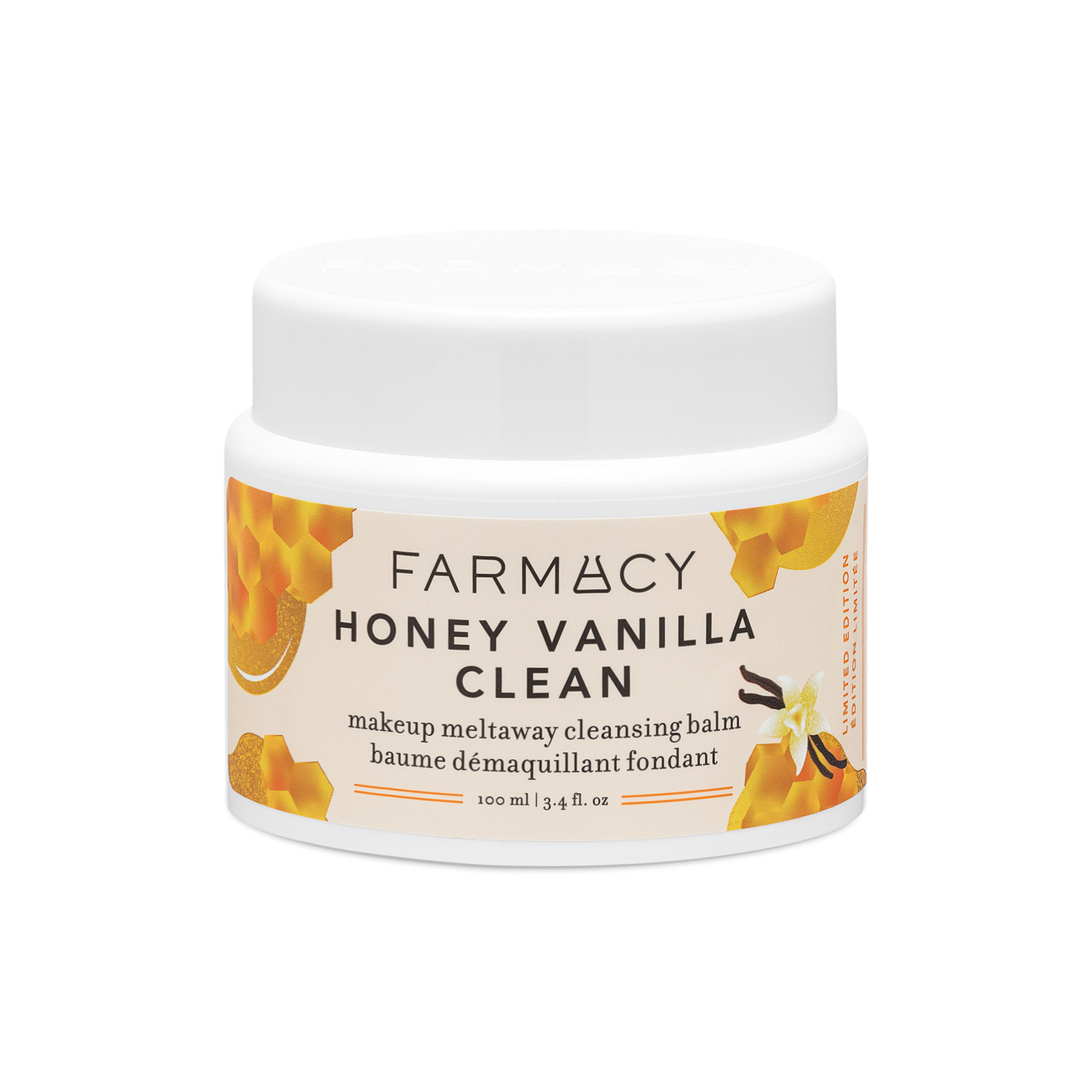 100mL jar of Farmacy Honey Vanilla Green Clean Cleansing Balm on a white background