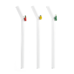 Three three reusable bent glass straws with colorful decorative charms on a white background