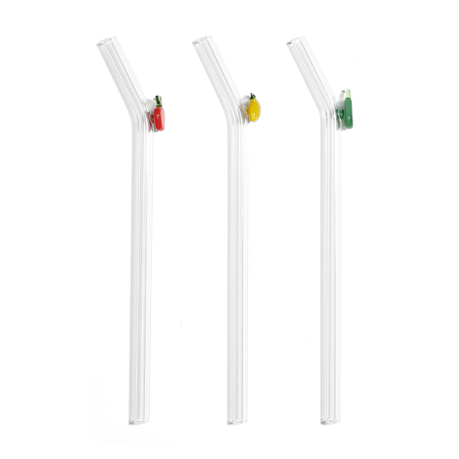 Three three reusable bent glass straws with colorful decorative charms on a white background