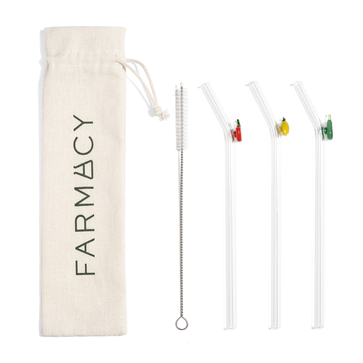 Fruitful Sips Glass Straw Set with three reusable bent glass straws, colorful decorative charms, a cleaning brush, and a Farmacy drawstring pouch on a white background