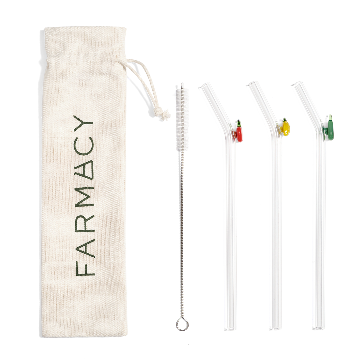 Fruitful Sips Glass Straw Set with three reusable bent glass straws, colorful decorative charms, a cleaning brush, and a Farmacy drawstring pouch on a white background