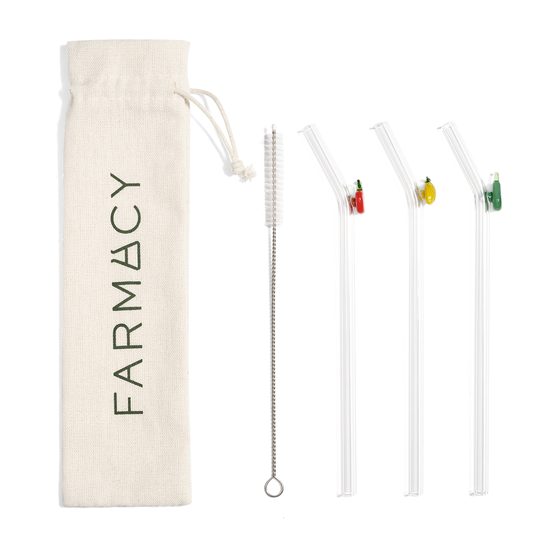Fruitful Sips Glass Straw Set with three reusable bent glass straws, colorful decorative charms, a cleaning brush, and a Farmacy drawstring pouch on a white background
