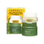 Two Farmacy skincare products arranged in front of their packaging on a white background: a Green Clean Cleansing Balm 30 mL jar and Honey Halo Moisturizer 15 mL jar