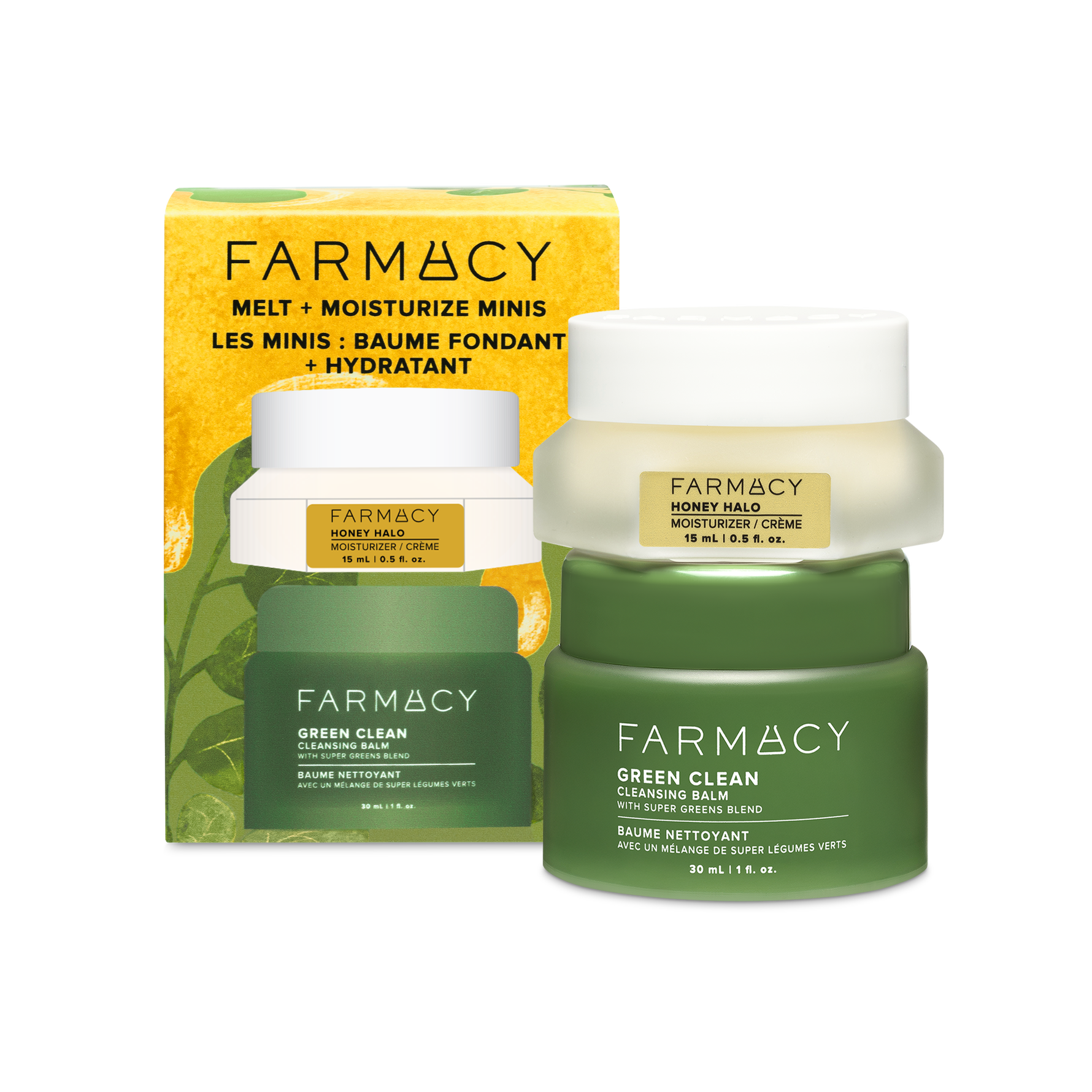 Two Farmacy skincare products arranged in front of their packaging on a white background: a Green Clean Cleansing Balm 30 mL jar and Honey Halo Moisturizer 15 mL jar