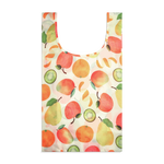 A reusable Farmacy x Baggy reusable shopping bag with a watercolor-style fruit print featuring oranges, apples, pears, and kiwi slices on a white background