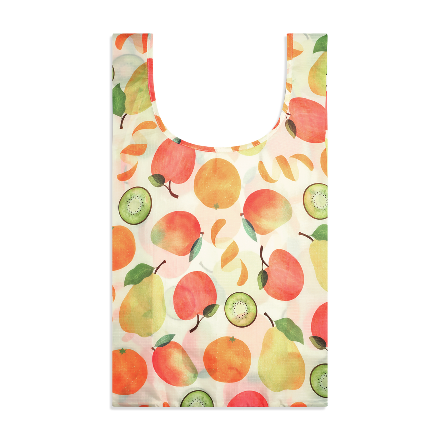 A reusable Farmacy x Baggy reusable shopping bag with a watercolor-style fruit print featuring oranges, apples, pears, and kiwi slices on a white background