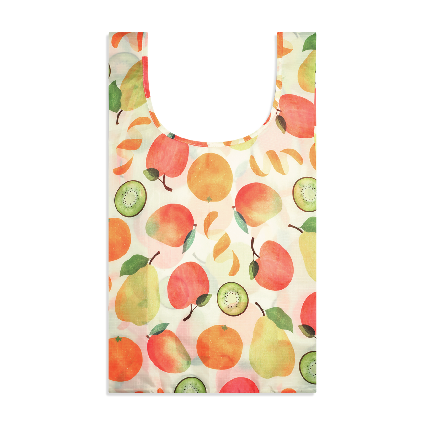 A reusable Farmacy x Baggy reusable shopping bag with a watercolor-style fruit print featuring oranges, apples, pears, and kiwi slices on a white background