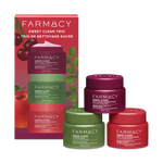 Farmacy Sweet Clean Trio skincare set with three 30mL Green Clean jars and the retail box on a white background.