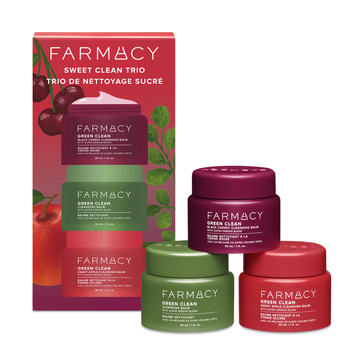 Farmacy Sweet Clean Trio skincare set with three 30mL Green Clean jars and the retail box on a white background.