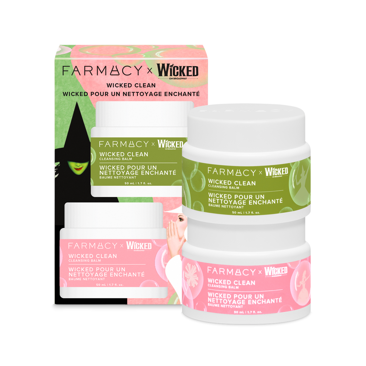 Two Farmacy x Wicked Green Clean Cleansing balm 50 mL jars with pink and green labels displayed in front of their illustrated product box on a white background