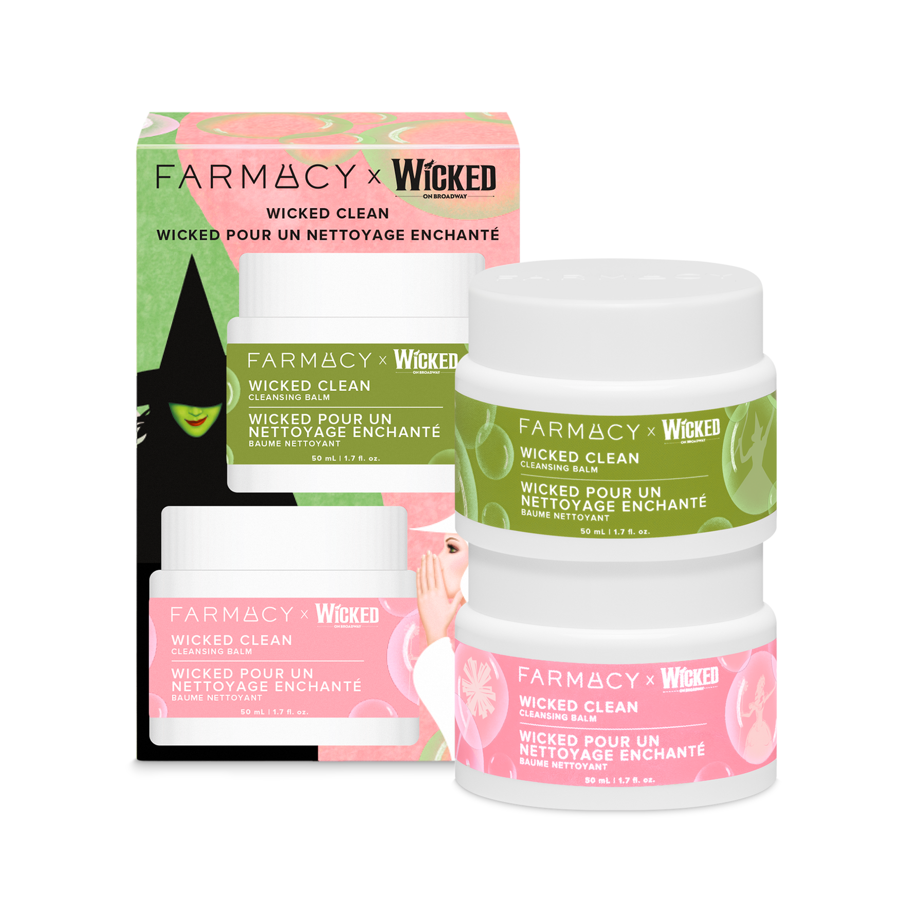 Two Farmacy x Wicked Green Clean Cleansing balm 50 mL jars with pink and green labels displayed in front of their illustrated product box on a white background