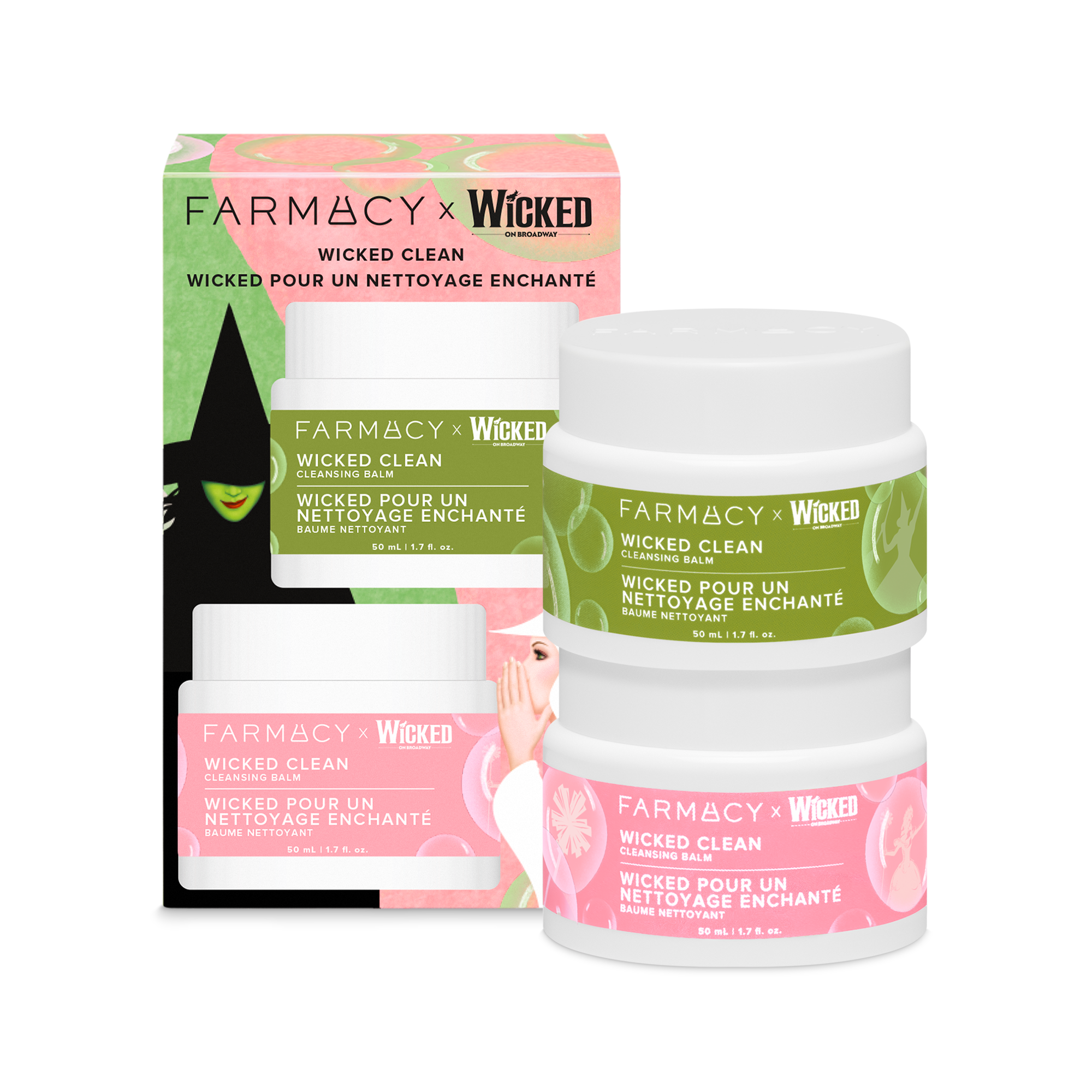 Two Farmacy x Wicked Green Clean Cleansing balm 50 mL jars with pink and green labels displayed in front of their illustrated product box on a white background