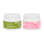 Two Farmacy x Wicked Green Clean Cleansing balm 50 mL jars with pink and green labels next to each other on a white background