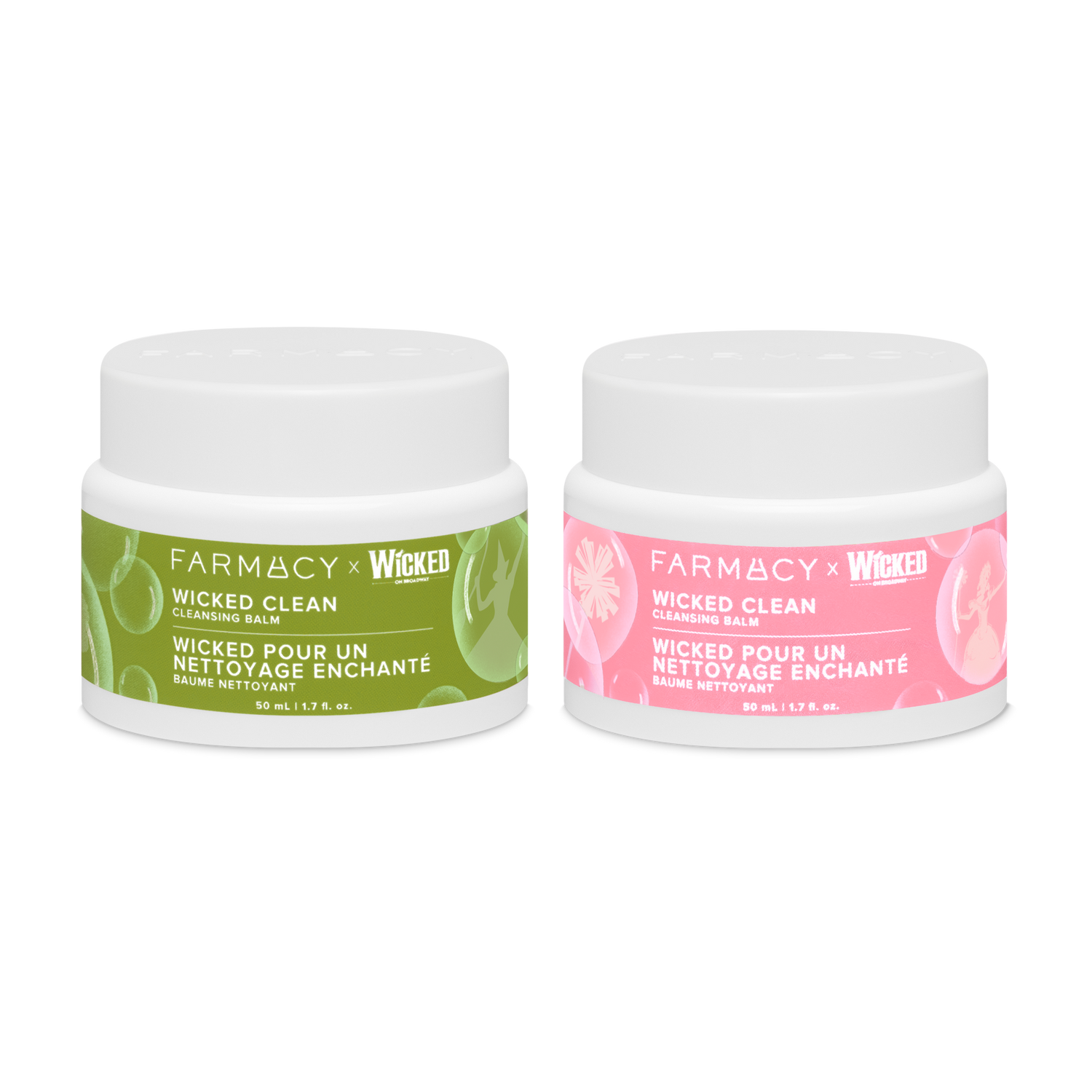 Two Farmacy x Wicked Green Clean Cleansing balm 50 mL jars with pink and green labels next to each other on a white background