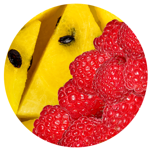 Close up image of kalahari melon and raspberry