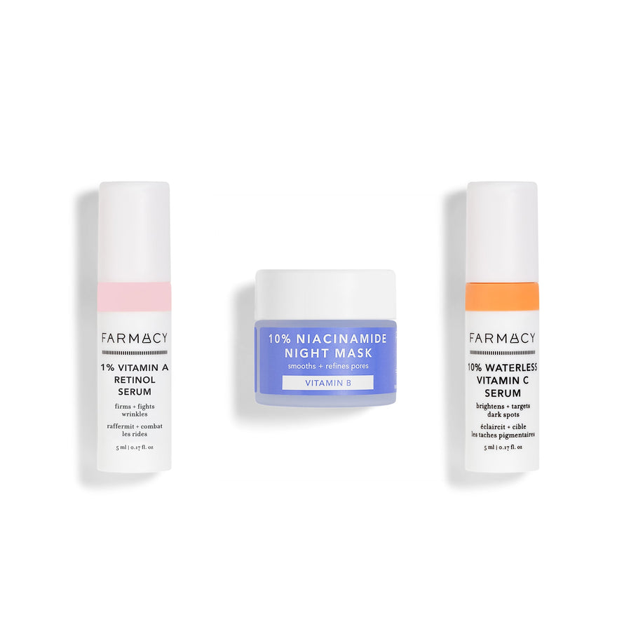 Three products next to each other, 1% Vitamin A Retinol Serum, 10% Niacinamide Night Mask, and 10% Waterless Vitamin C Serum on a white background