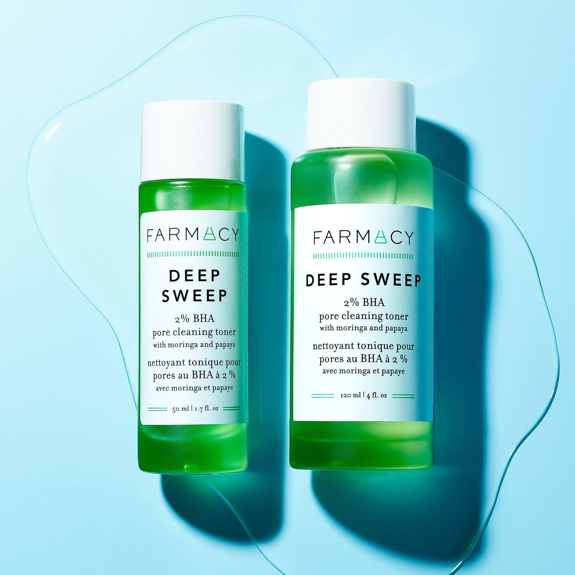A bottle of Farmacy's Deep Sweep and Deep Sweep Mini Pore Cleaning Toner