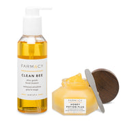 The Farmacy Clean Bee and and an open bottle of the Honey Potion Plus sitting next to each other
