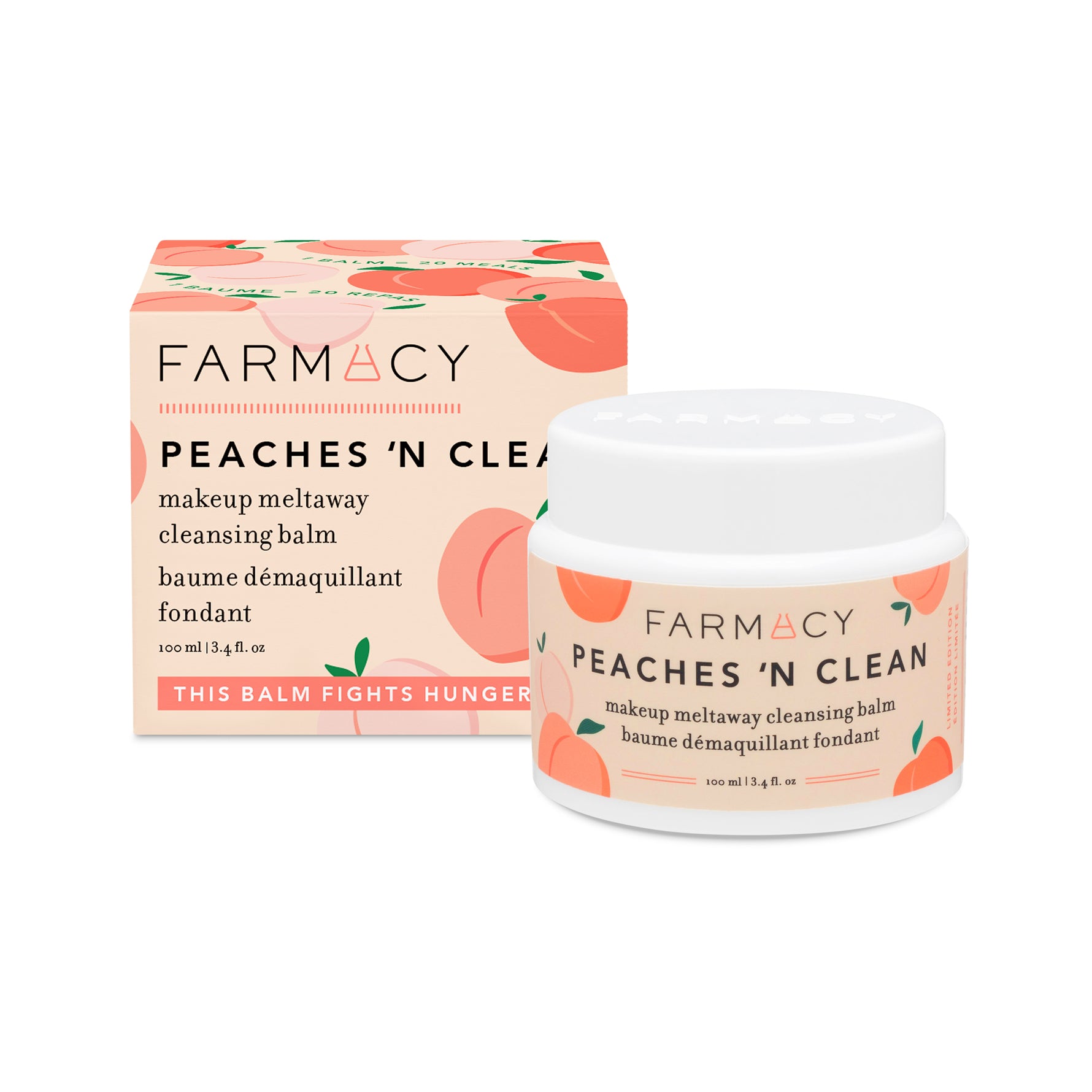 Peaches ’N Clean Makeup Meltaway Cleansing Balm in its container beside the product packaging box on a white surface 