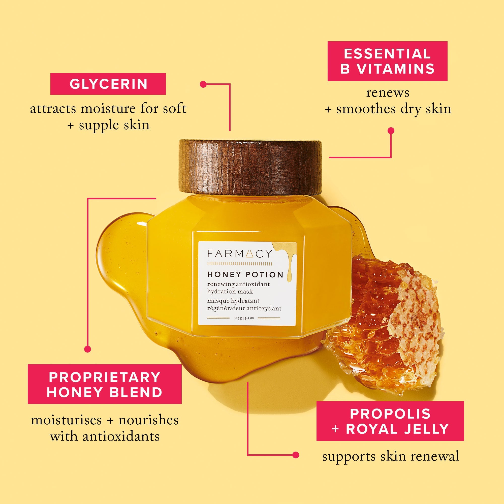  PROPRIETARY HONEY BLEND  moisturises + nourishes with antioxidants  PROPOLIS + ROYAL JELLY  supports skin renewal ESSENTIAL B VITAMINS  renews + smoothes dry skin GLYCERIN  attracts moisture for soft, supple skin