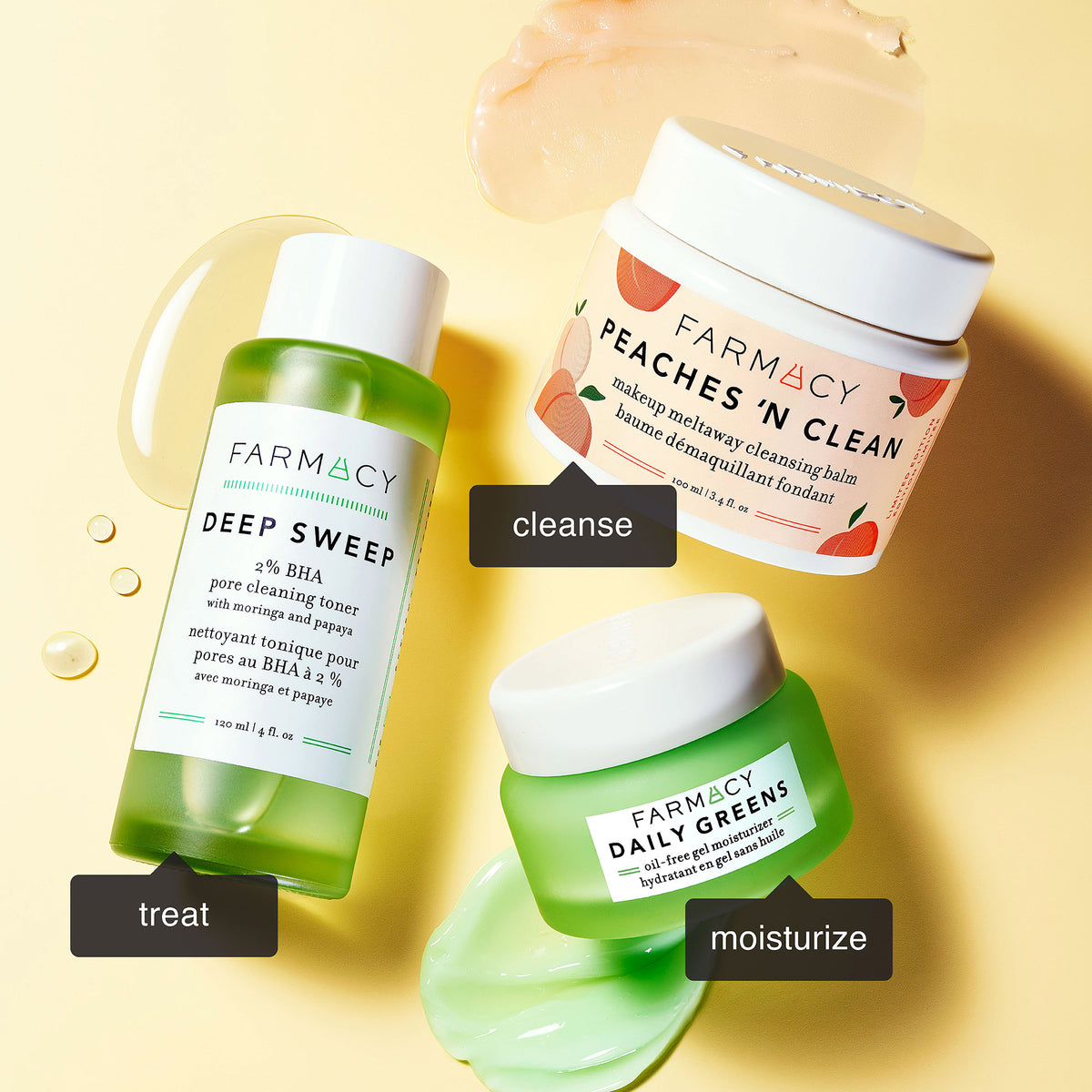 Peaches ’N Clean Makeup Meltaway Cleansing Balm, Deep Sweep Toner, and Daily Greens oil free moisturizer products sitting on a background