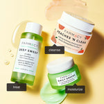 Peaches ’N Clean Makeup Meltaway Cleansing Balm, Deep Sweep Toner, and Daily Greens oil free moisturizer products sitting on a background
