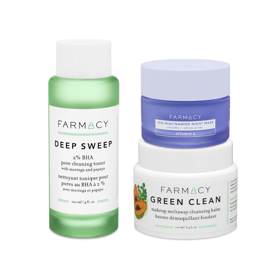 3 products next to each other, Deep Sweep toner, Green Clean cleansing balm, and 10% Niacinamide Night Mask on a white background