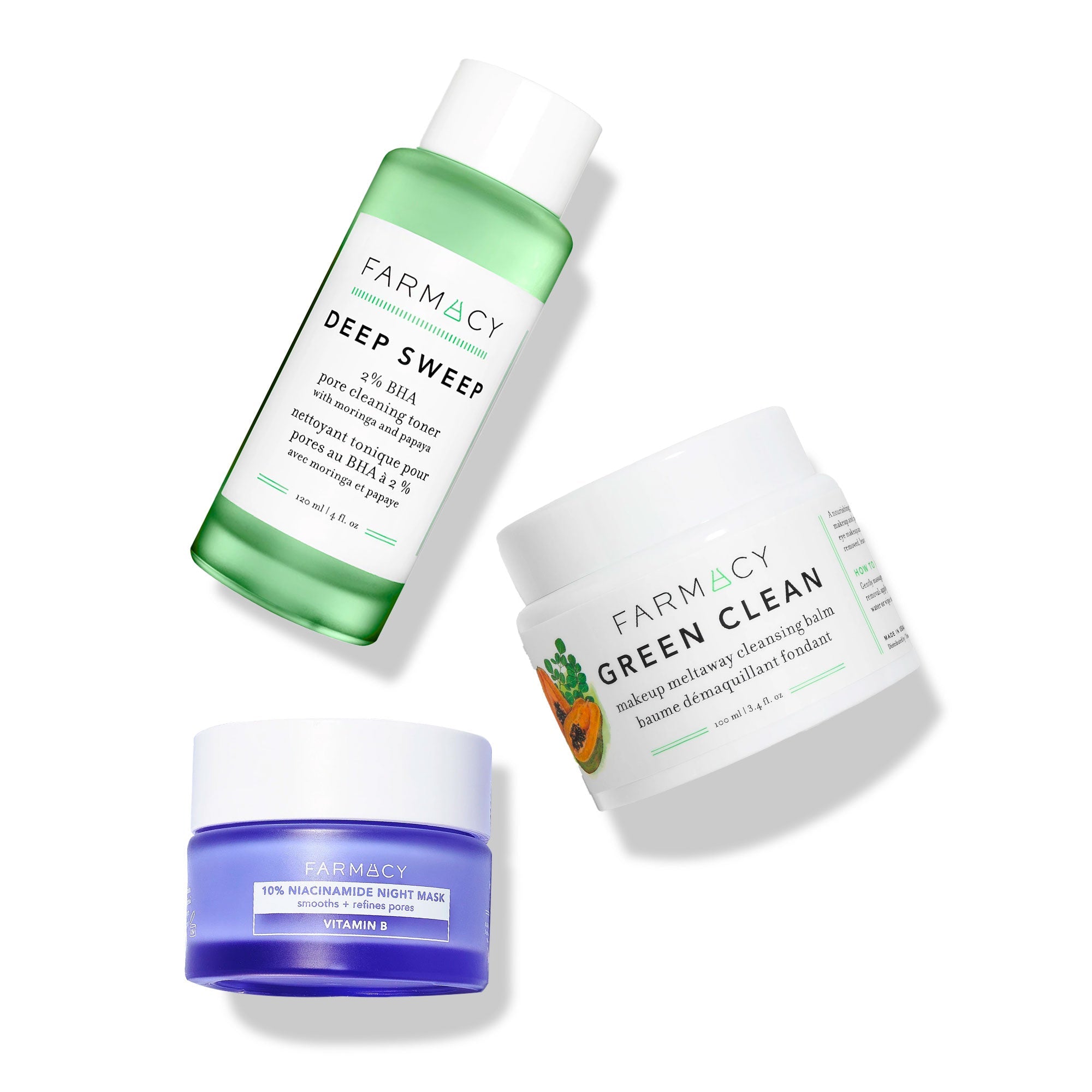 3 products spread out next to each other, Deep Sweep toner, Green Clean cleansing balm, and 10% Niacinamide Night Mask on a white background 